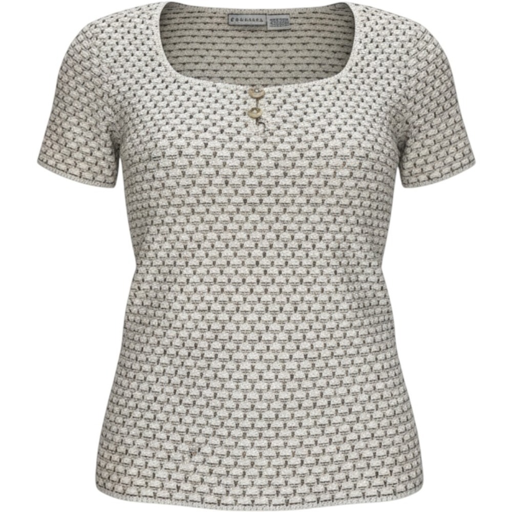 Basic Editions Womens Small Cream Tan Textured Knit Short Sleeve Button Top